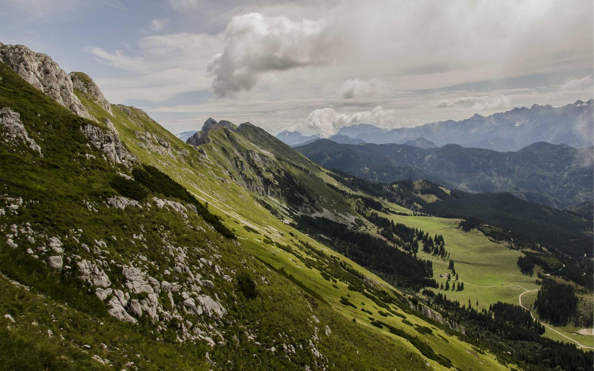 Footpath along a green mountain ridge